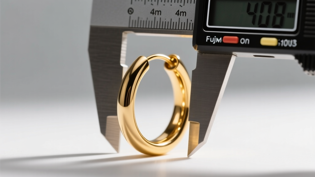 Digital calipers measuring a hollow tubular gold hoop earring, revealing a 4mm outer diameter and lightweight structural build.
