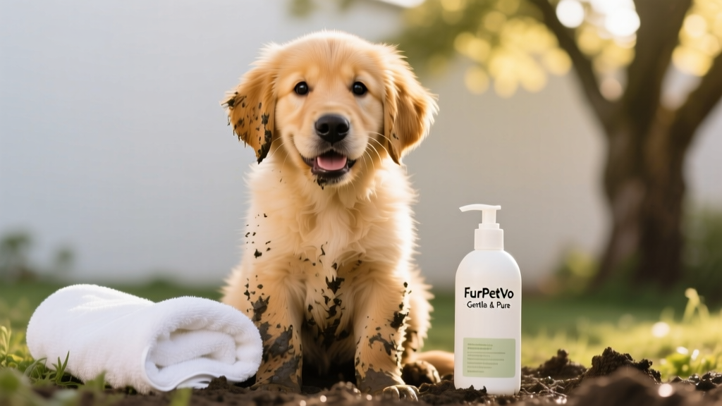 Happy Golden Retriever puppy sitting beside a clean towel and bottle of FurPetVo pet shampoo