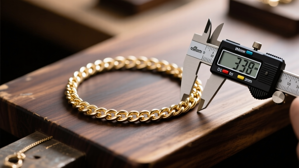 Scale weighing a solid 14k white gold rope chain beside a caliper measuring its 3mm thickness on a dark wooden jeweler workbench.