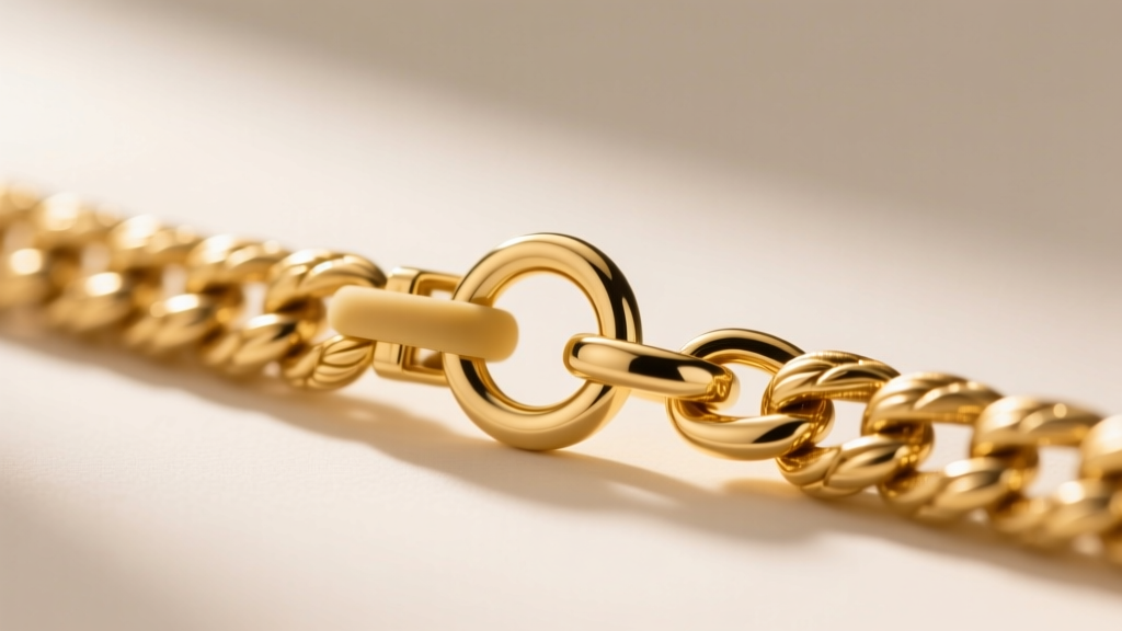 Macro shot of an 18k gold wheat chain with a discreet silicone O-ring friction grip added to the lobster clasp jump ring