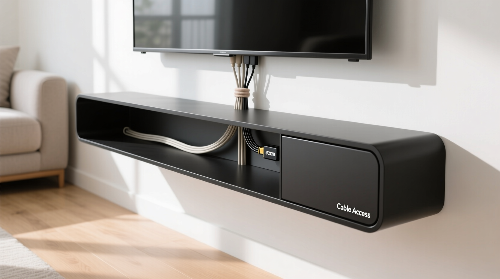 how to hide cords neatly for a floating shelf tv mount setup