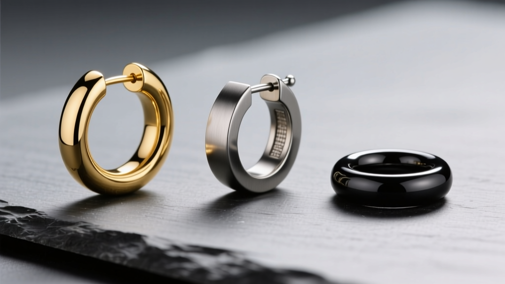 Three mens hoops on slate: a polished 14k gold continuous ring, a matte titanium clicker, and a black niobium captive bead ring