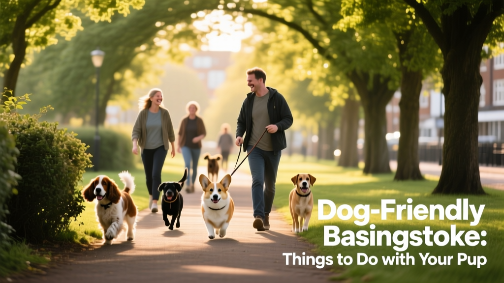 A scenic, tree-lined walking trail in Basingstoke with dogs exploring alongside their owners