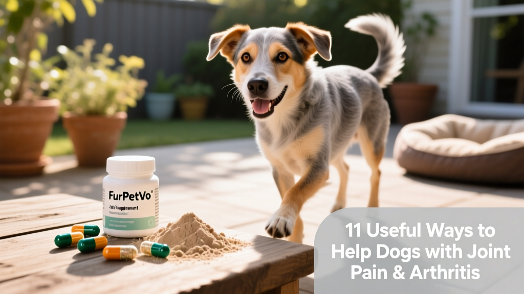Close-up of FurPetVo joint supplement capsules and powder next to a happy, active senior dog