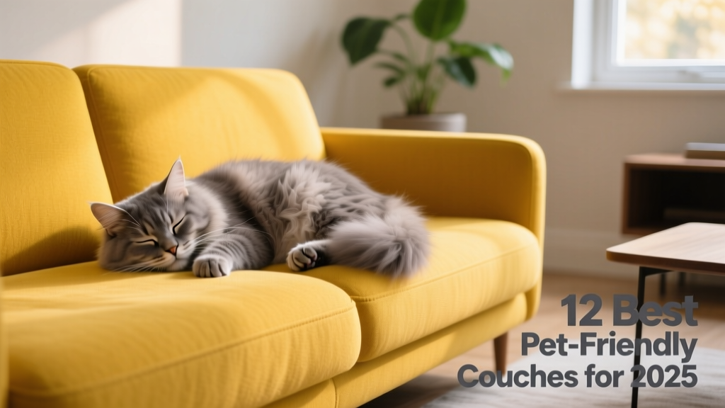 A fluffy grey cat sleeping peacefully on a bright yellow sofa