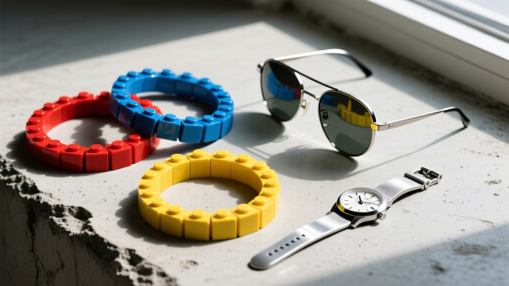 Flat lay of three colored lego chew necklaces on a concrete surface alongside modern sunglasses and a minimalist silver watch
