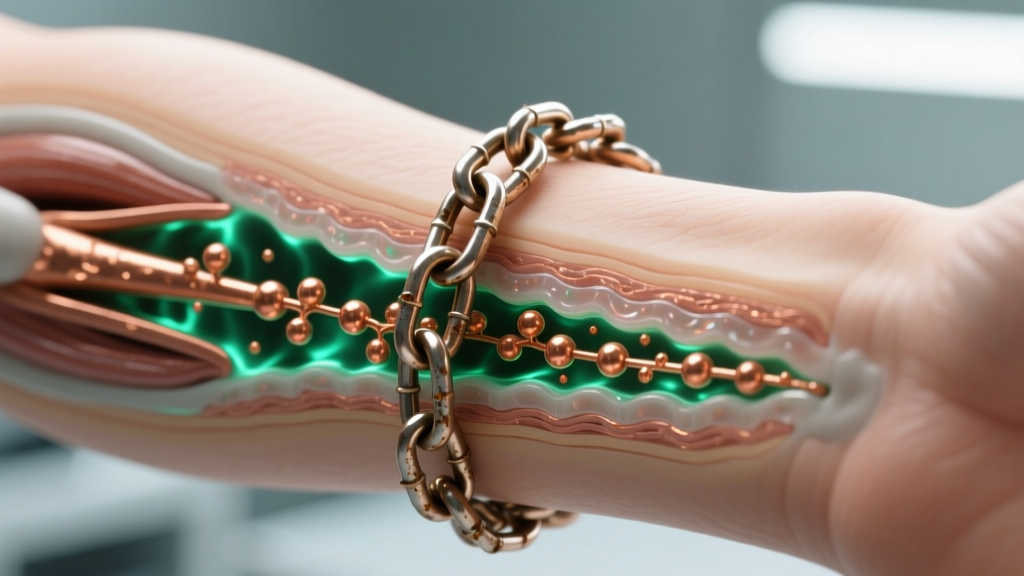 Illustration showing trace copper ion transfer from a metal chain to human skin layers under soft, clean laboratory lighting.
