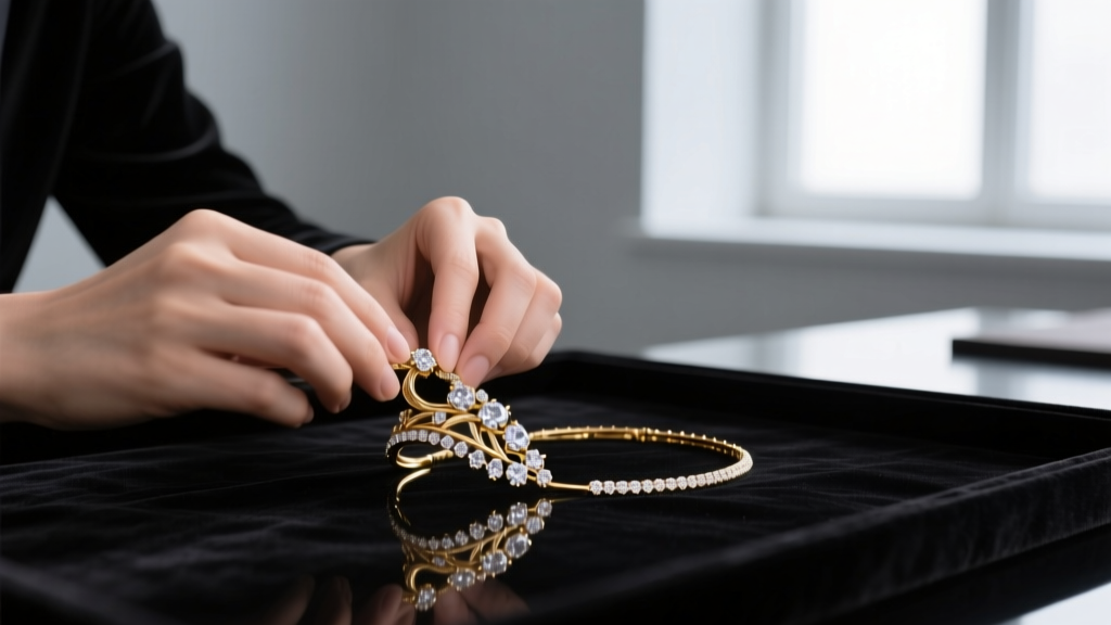 Jeweler's loupe inspecting the clasp and jump ring of a delicate 18k gold vermeil cable chain attached to a small hamsa pendant.