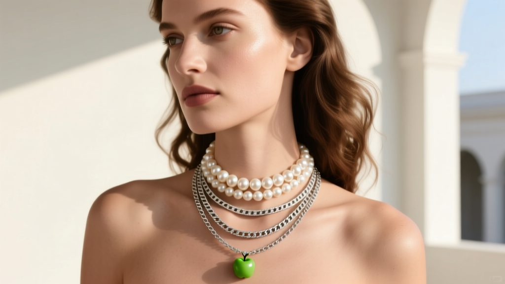 Model wearing a layered necklace stack featuring a 1mm silver box chain with a small green apple charm alongside a pearl choker