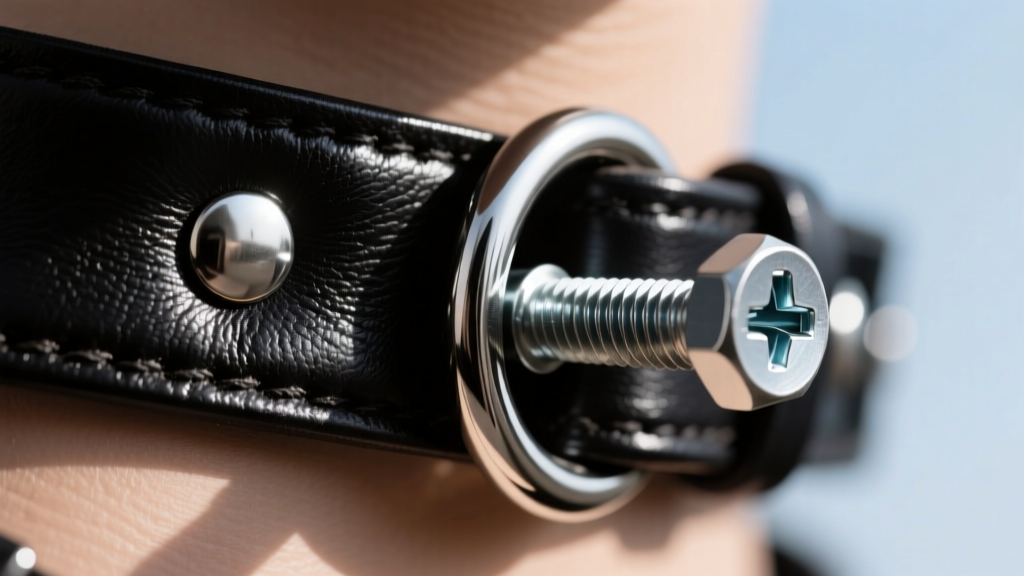 Extreme close-up of a Chicago screw fastener securing thick chrome-tanned black leather for a punk choker, highlighting threads.