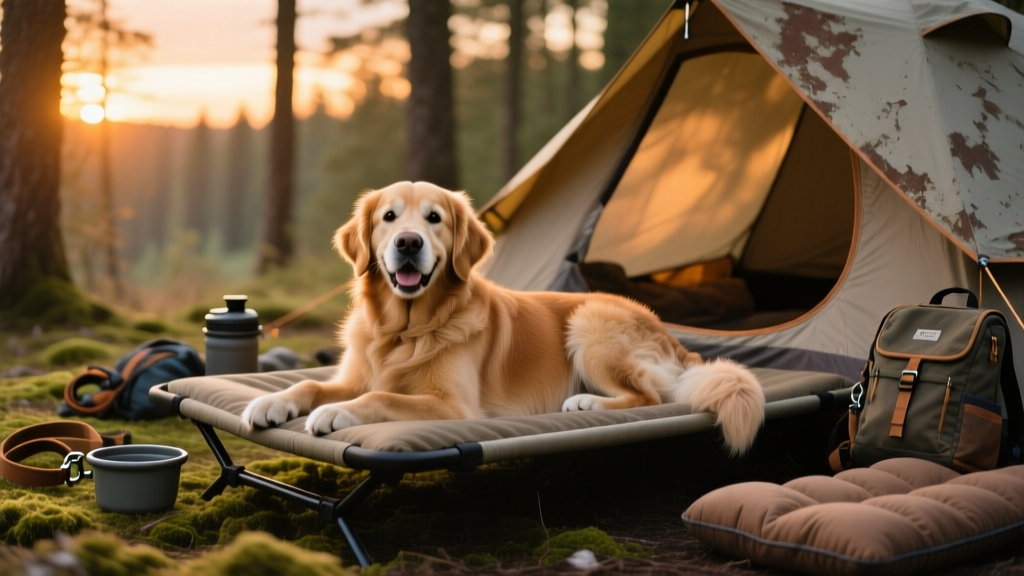 A happy dog resting on an elevated camping bed beside a tent at dusk