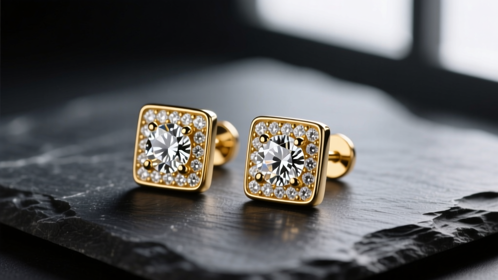 Macro shot of 14k gold square stud earrings with bezel-set diamonds, resting on dark slate with moody lighting
