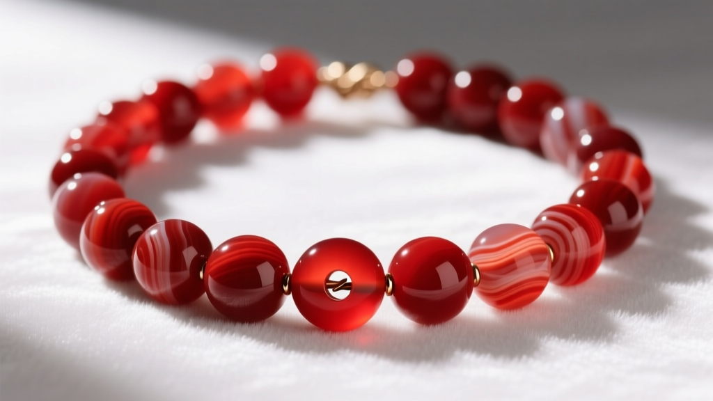 Close-up of a dyed red agate bead necklace, showing deep red color concentration near drill holes on a white velvet background