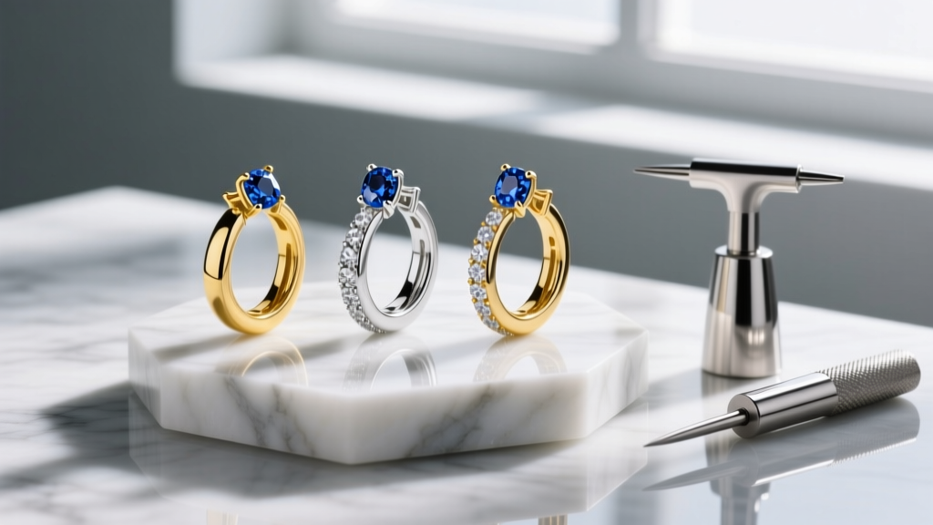 Sapphire diamond hoops in yellow gold, white gold, and platinum on a marble stand next to steel jewelry gauge measuring tools.