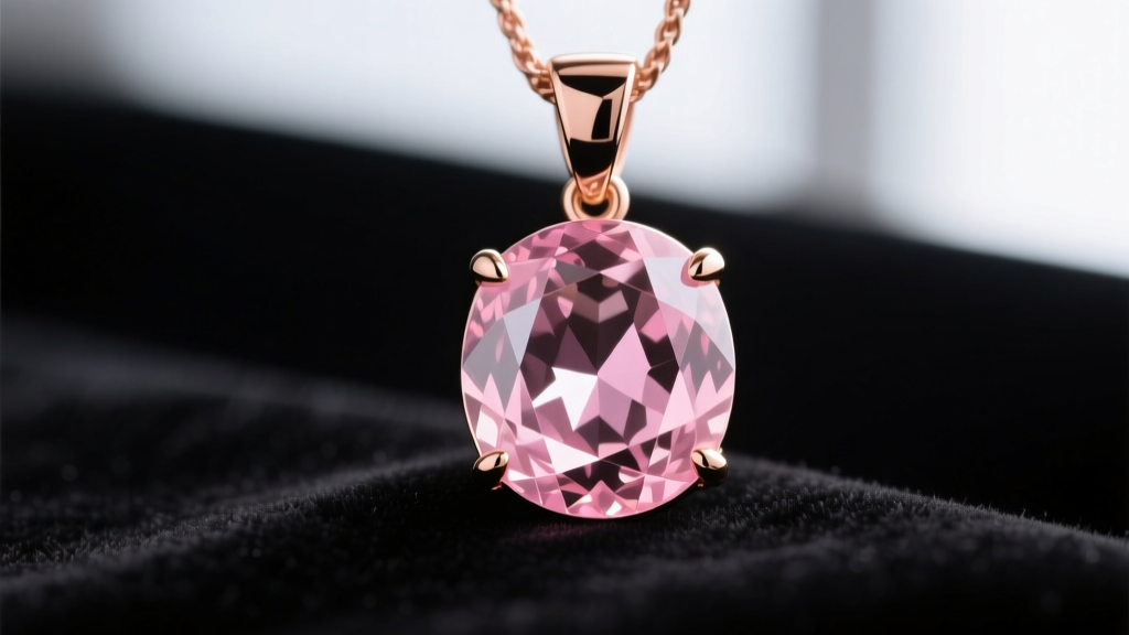 Macro shot of a padparadscha sapphire color necklace pendant in rose gold, showing its peach-pink hue on dark velvet.