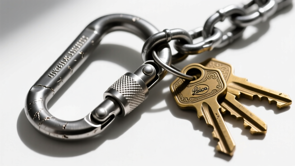 Macro shot of a heavy-duty screw-lock titanium carabiner clasp on a thick chain, securing a set of heavy brass house keys.