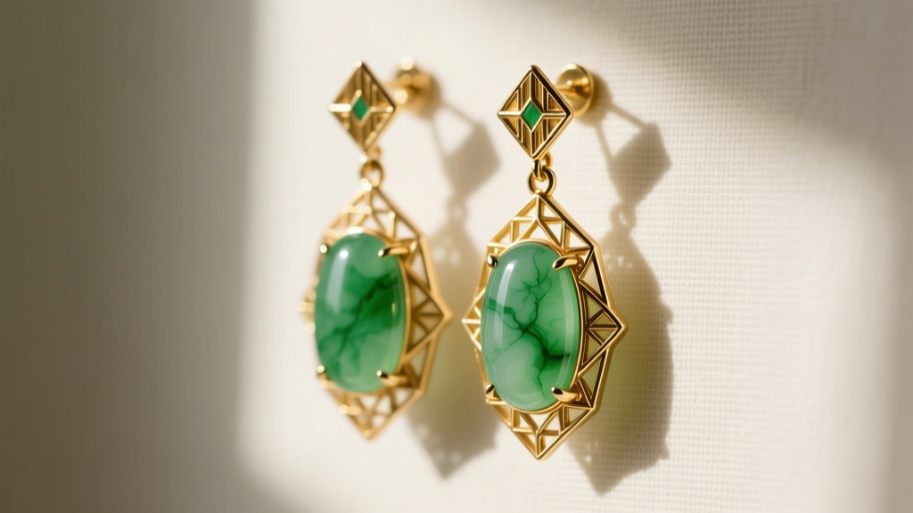 Close-up of antique Art Deco 14k gold drop earrings featuring carved translucent green jadeite briolettes hanging softly.