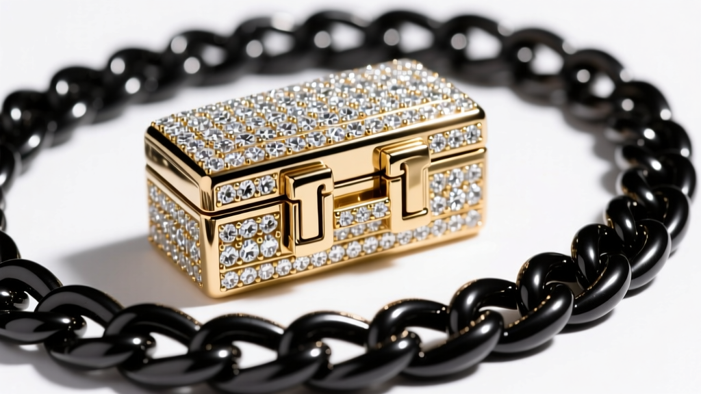 Close-up of a diamond-encrusted box clasp with dual safety latches on a thick Cuban chain, captured under bright studio lighting