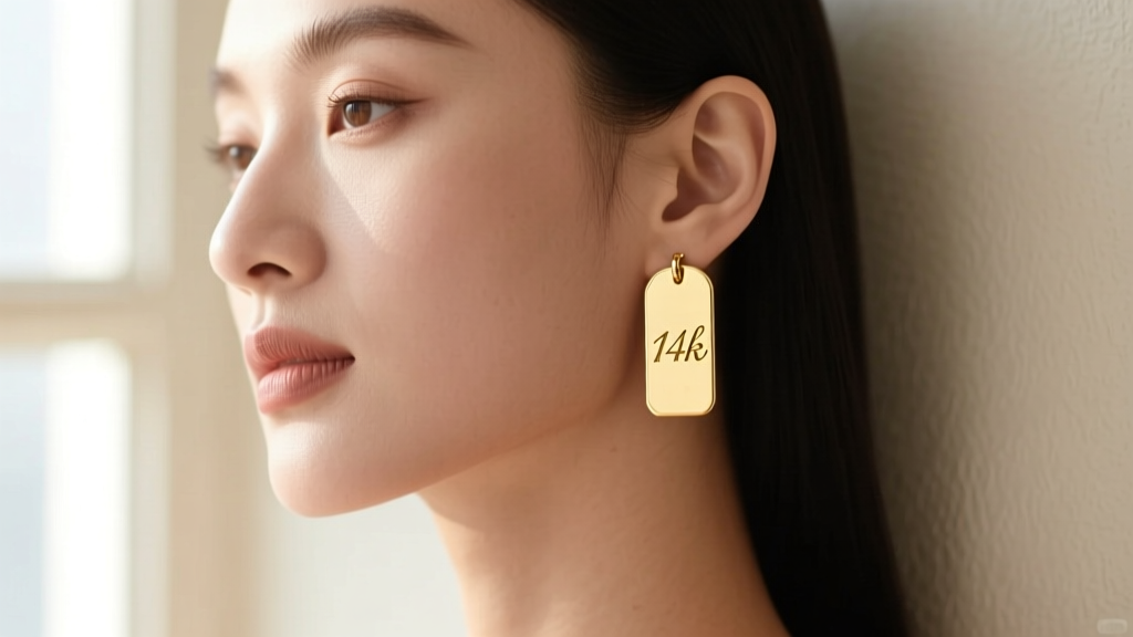Close-up of a woman wearing delicate 14k gold custom name plate earrings, soft window lighting highlighting the engraved script