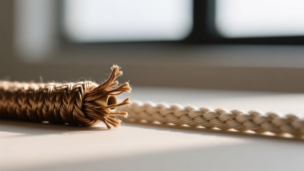 Extreme macro shot of a fraying 2mm waxed cotton jewelry cord next to a pristine replacement cord, sharp focus on the woven fibers