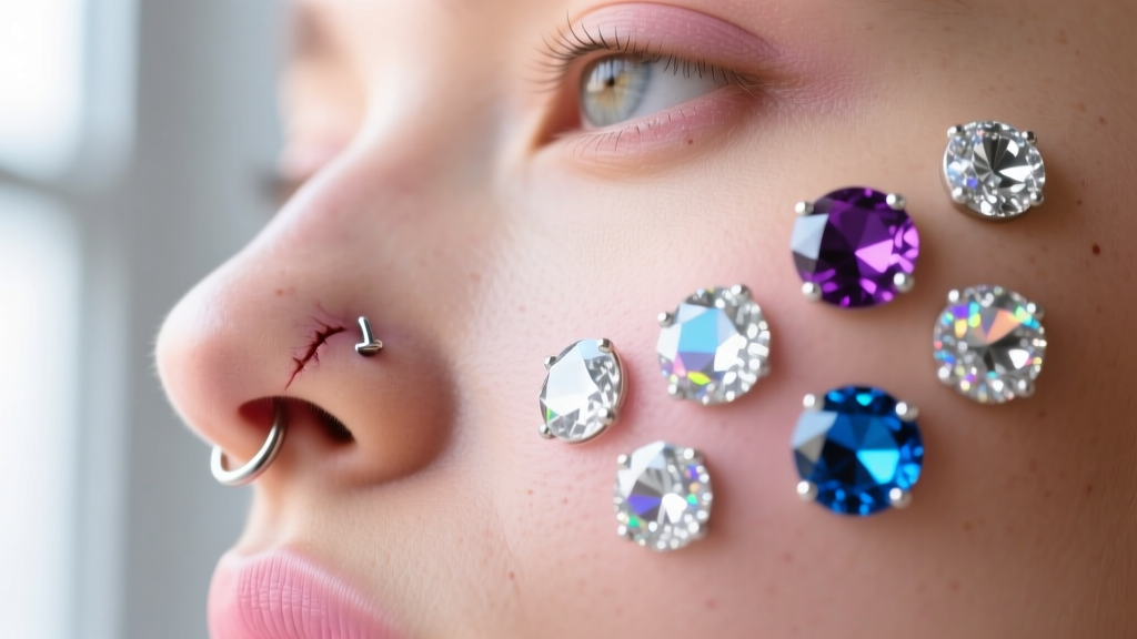 Close-up of a healed nostril piercing surrounded by sparkling adhesive rhinestone body jewelry stickers safely placed on the cheek