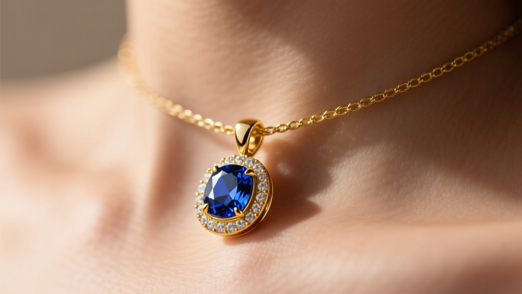 Macro shot of 14k gold bezel-set sapphire birthstone pendant on collarbone, lit by soft natural light, highly detailed.