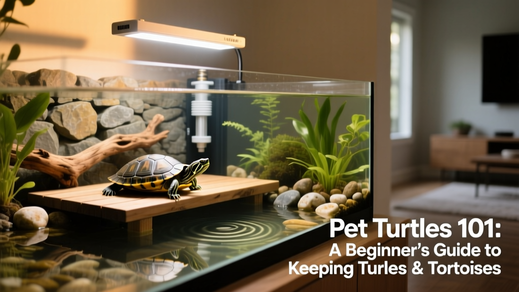 Well-set-up indoor turtle tank with clear water, basking dock, UVB lamp, and filtration system