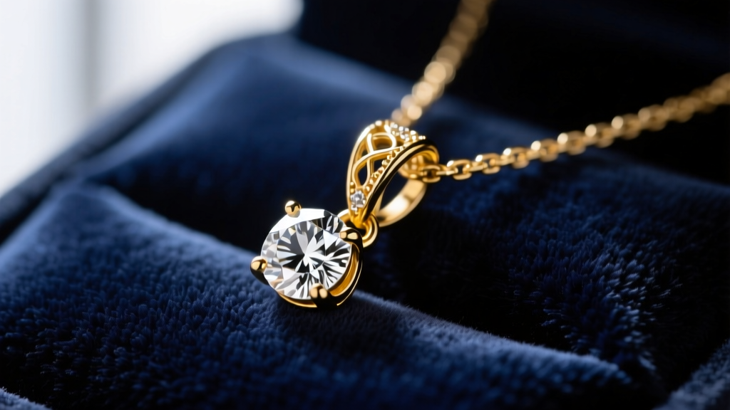 Close-up of a 14k yellow gold solitaire diamond pendant resting on dark velvet, highlighting the intricate standard bail loop.