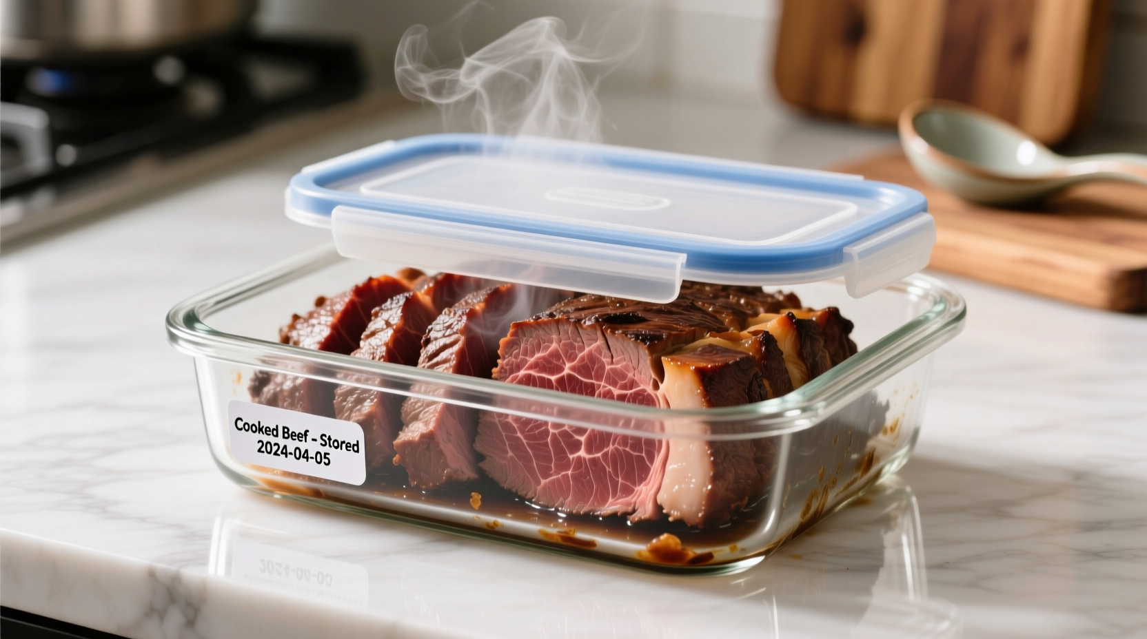 Properly stored cooked beef in airtight container