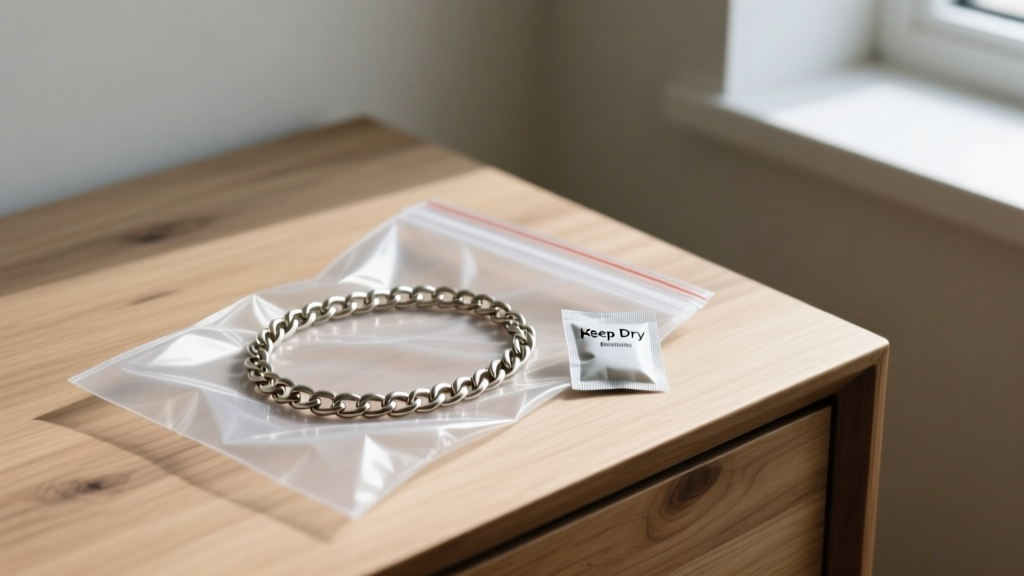 A Dyrberg Kern chain necklace stored flat in an anti-tarnish polyethylene pouch with a silica gel packet on a wooden dresser.