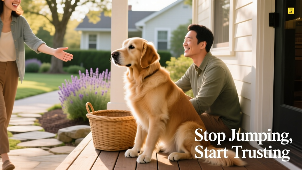 A calm dog sitting politely beside its owner as a visitor approaches, with soft body language and relaxed posture