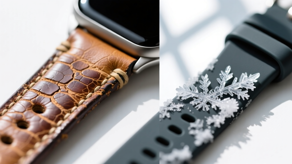 Side-by-side macro shot of Horween leather and fluoroelastomer smartwatch bands showing micro-cracking and salt residue after freeze-thaw cycles.