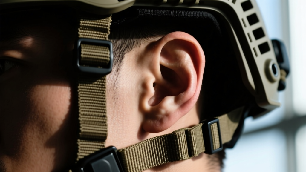Close-up of a tactical helmet strap resting near a bare earlobe, highlighting the mastoid bone area in dramatic, moody lighting