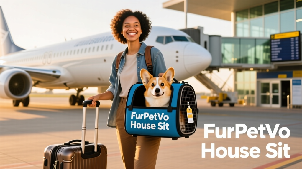 A smiling person holding luggage and a small pet carrier, standing in front of an airplane with a suitcase tag reading 'FurPetVo House Sit'