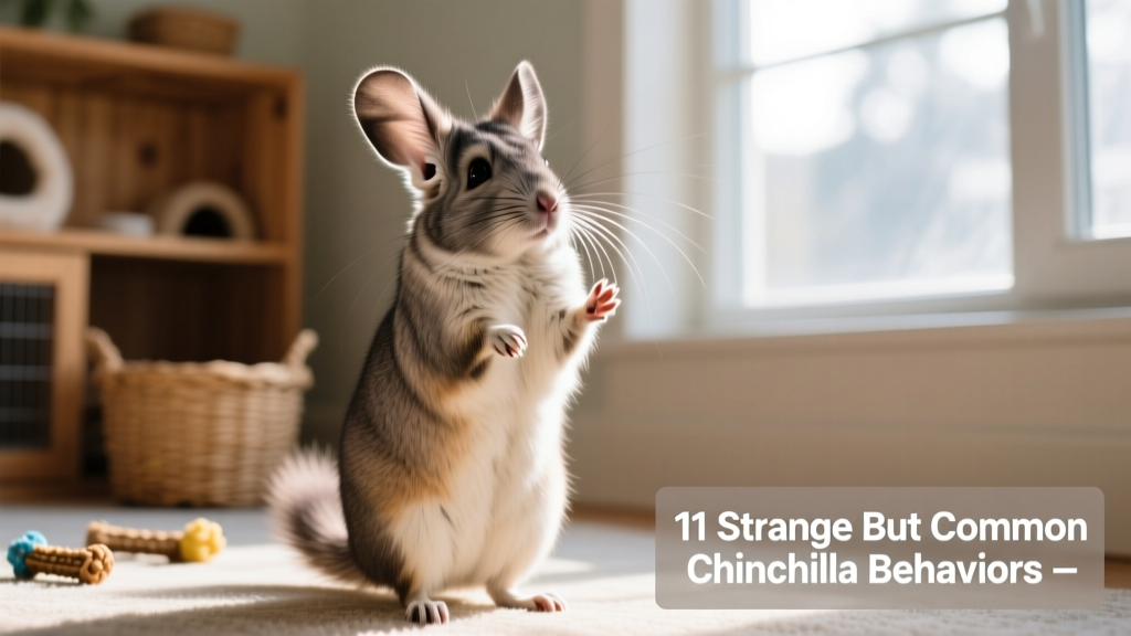 A chinchilla standing upright on hind legs, front paws lifted, ears perked forward