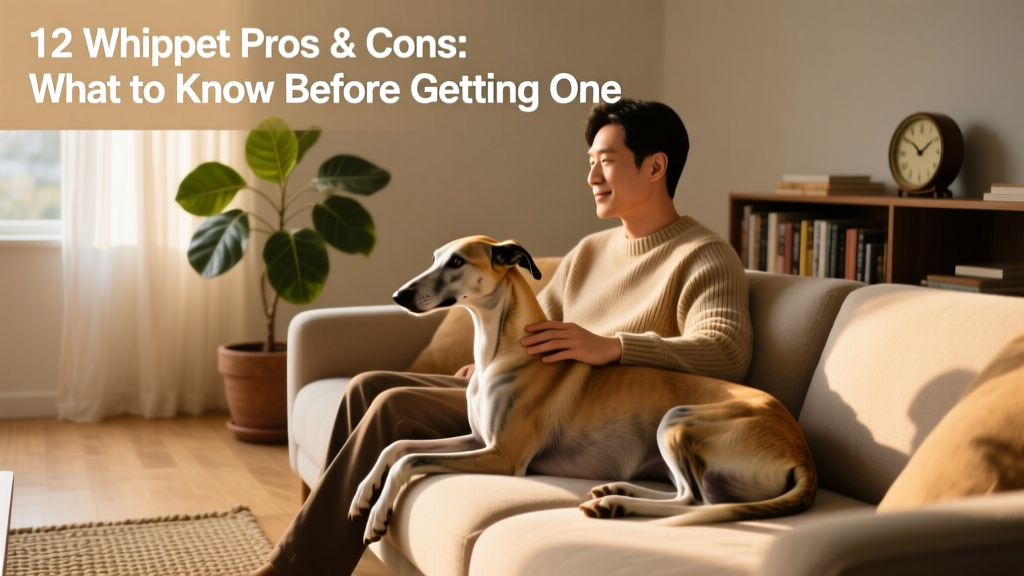 A relaxed Whippet resting on a sunlit living room sofa beside its owner