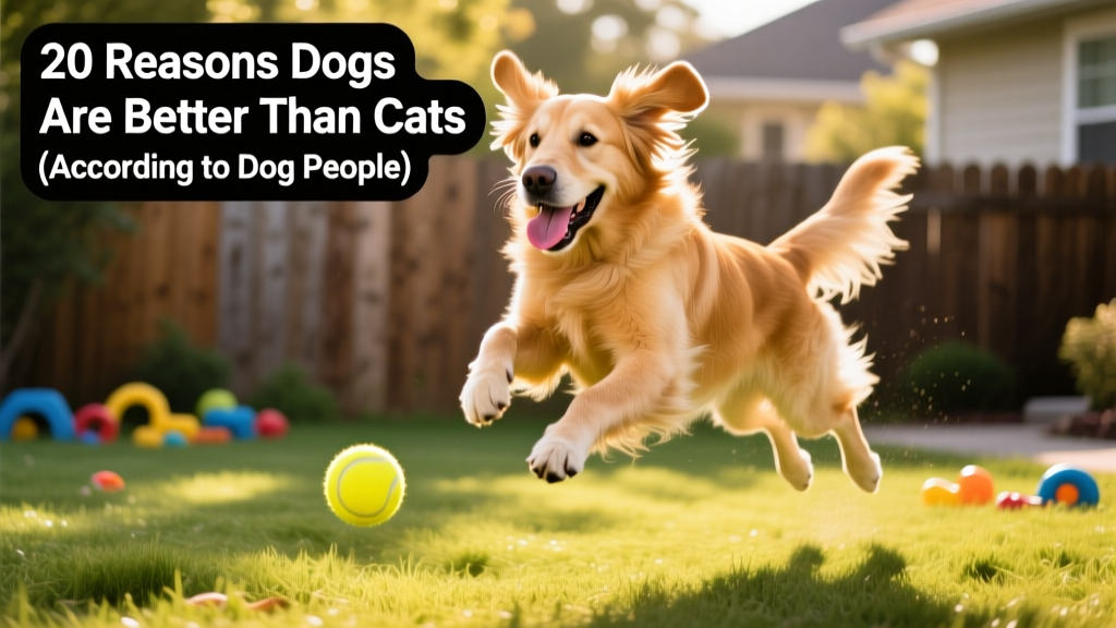 A golden retriever mid-play, leaping joyfully toward a tennis ball with tongue lolling and ears flying