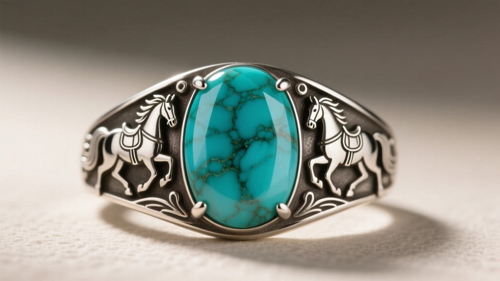 Close-up of Sleeping Beauty turquoise cabochon in antiqued sterling silver with intricate equestrian-inspired engraving details.