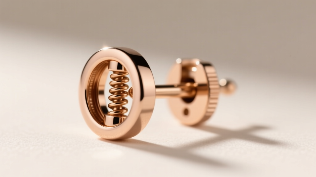 Extreme close-up of a flat-back post securing 14k rose gold earrings studs, highlighting threadless push-pin mechanism details