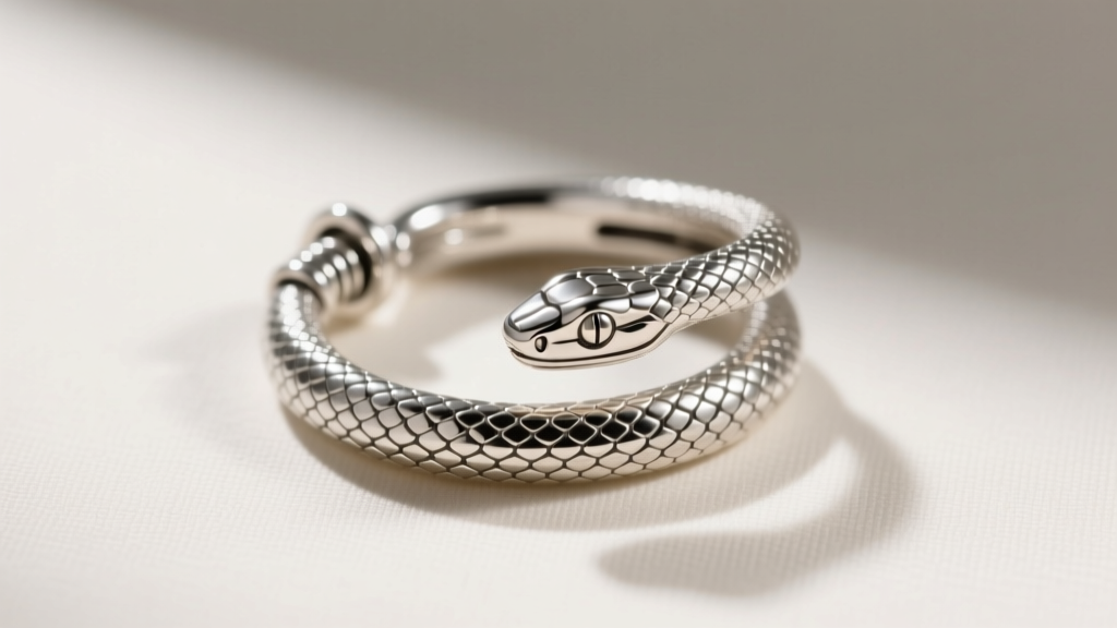 Macro photography of an 18-gauge sterling silver snake ear cuff wire showing the textured scales and spring-loaded tension hinge.