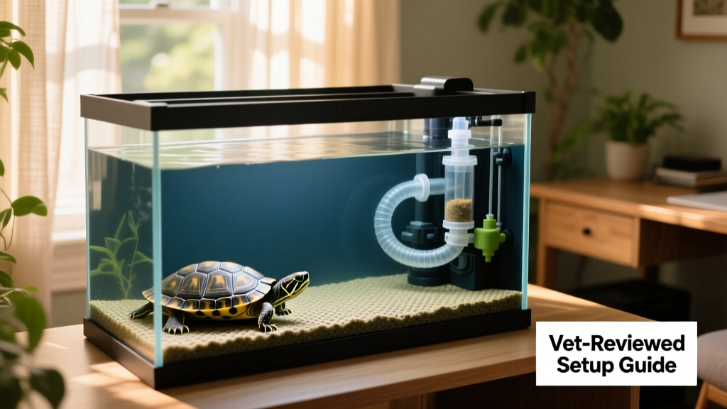 Side view of a well-set-up turtle tank showing deep water, basking platform, and filtration system