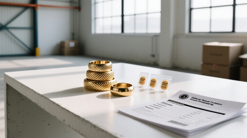 Bright warehouse desk displaying brass alloy rings, anti-tarnish tabs, and global customs forms for jewelry dropshipping logistics.