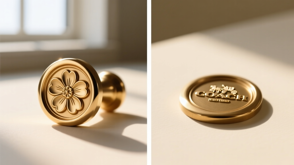 Side-by-side comparison of an authentic Coach flower necklace hallmark stamp and a blurry counterfeit stamp on brass.