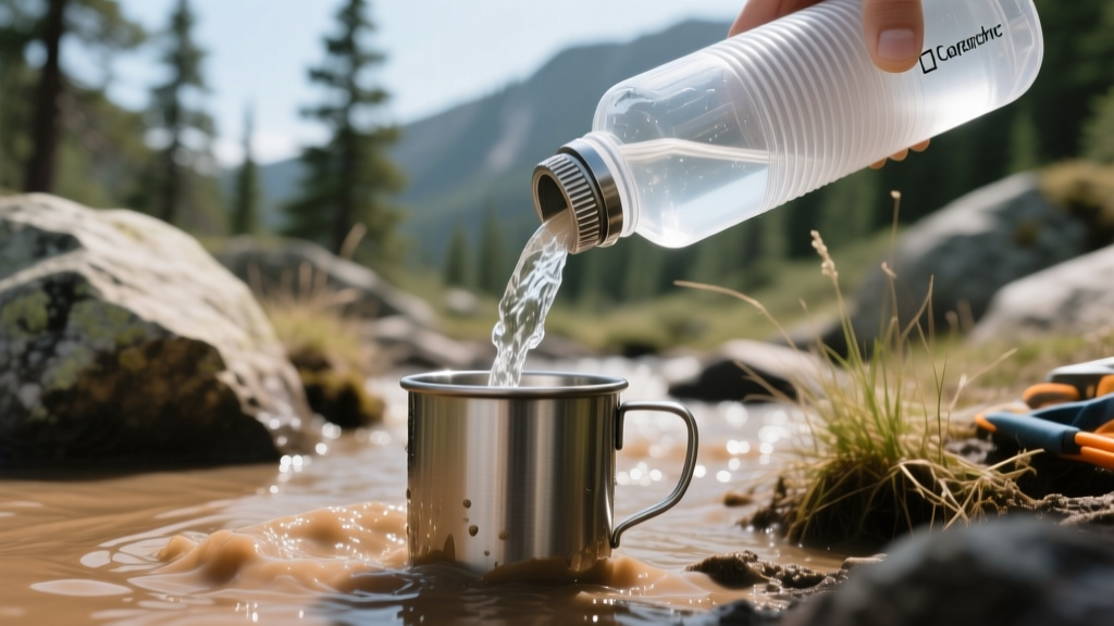Close-up of muddy backcountry water being filtered through a portable purifier bottle into a clean stainless camp cup.