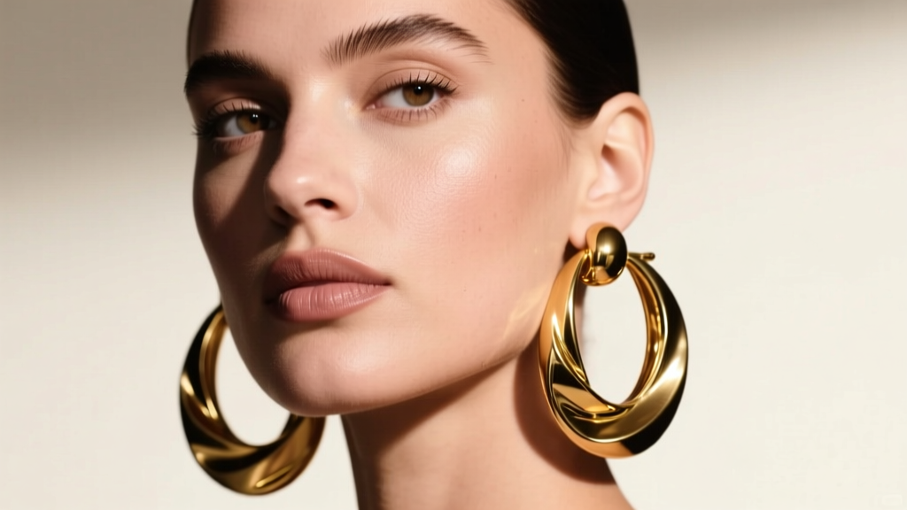 Close-up of a model wearing large gold-tone YSL Cassandre hoop earrings, studio lighting highlighting the metal.
