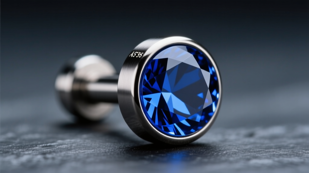 Macro close-up of an ASTM F136 titanium labret stud with a sapphire gem on dark slate under soft, diffused studio lighting.