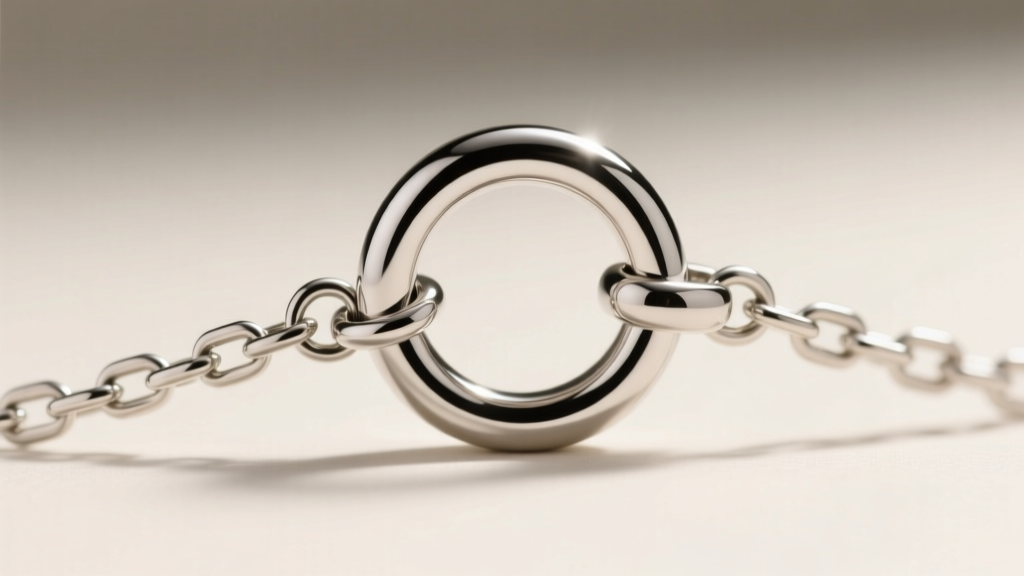 Macro shot of a silver jump ring connecting three strands to a magnetic clasp, highlighting a bright rhodium-plated finish.