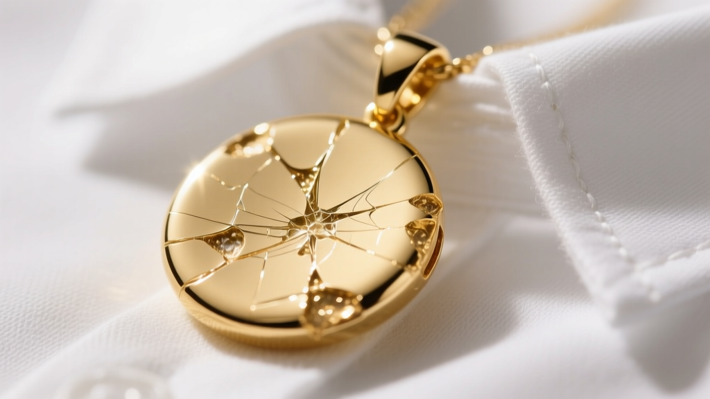 Macro shot of micro-scratches on an 18k gold pendant caused by friction against a stiff, heavily starched cotton shirt collar.
