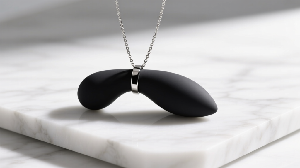Discreet teardrop vibrator necklace pendant in matte black medical-grade silicone on a delicate steel chain resting on white marble