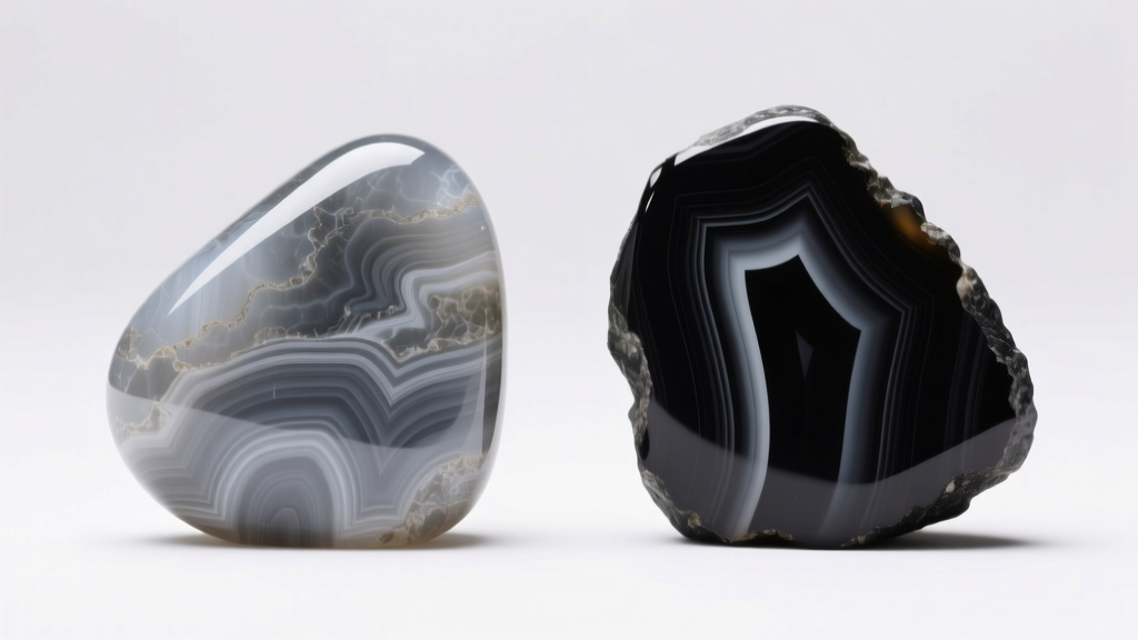 Side-by-side view of dyed gray chalcedony and natural black onyx, showing luster and banding differences under a jeweler's loupe.
